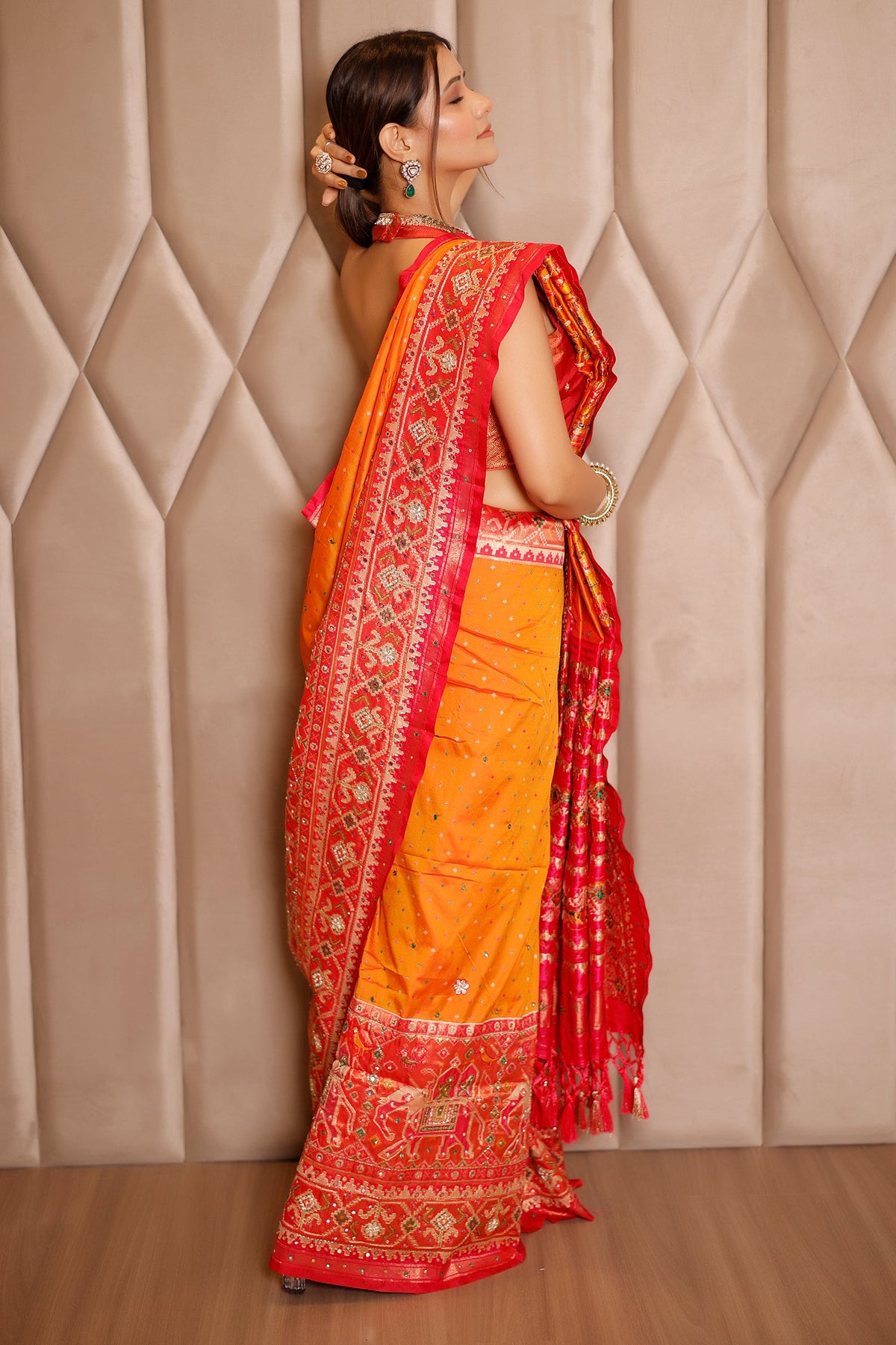 Orange Banarasi Silk Traditional Saree with Contrast Broad Patola Border