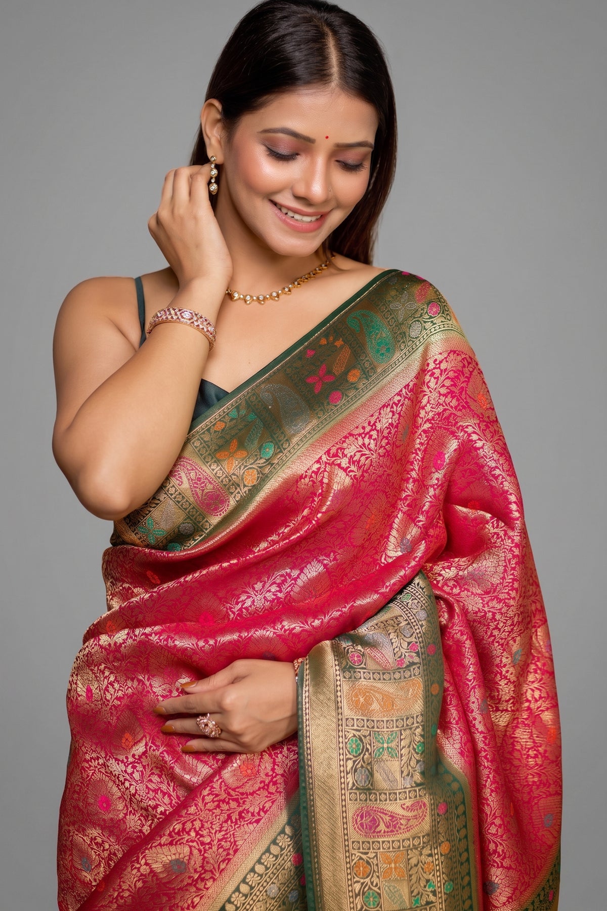 Rani Pink Dola Silk All Over Woven Saree with Contrast Border