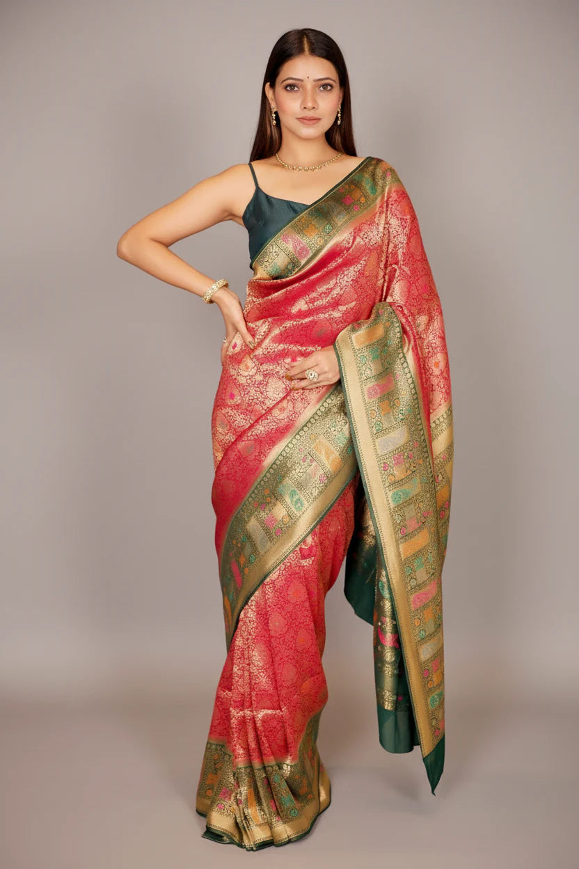 Rani Pink Dola Silk All Over Woven Saree with Contrast Border