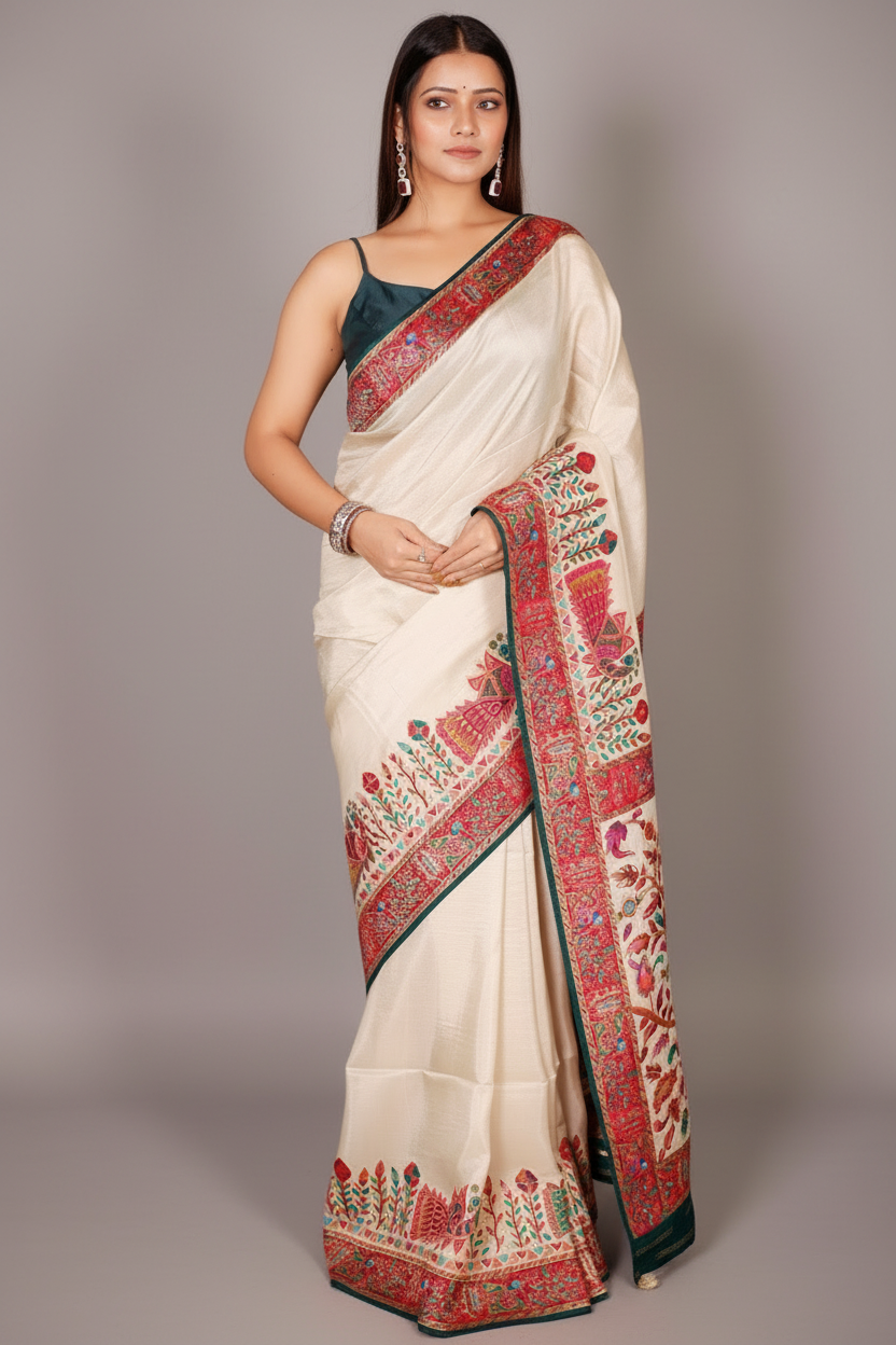 Cream Dola Silk Saree with Pashmina Print Border and Pallu