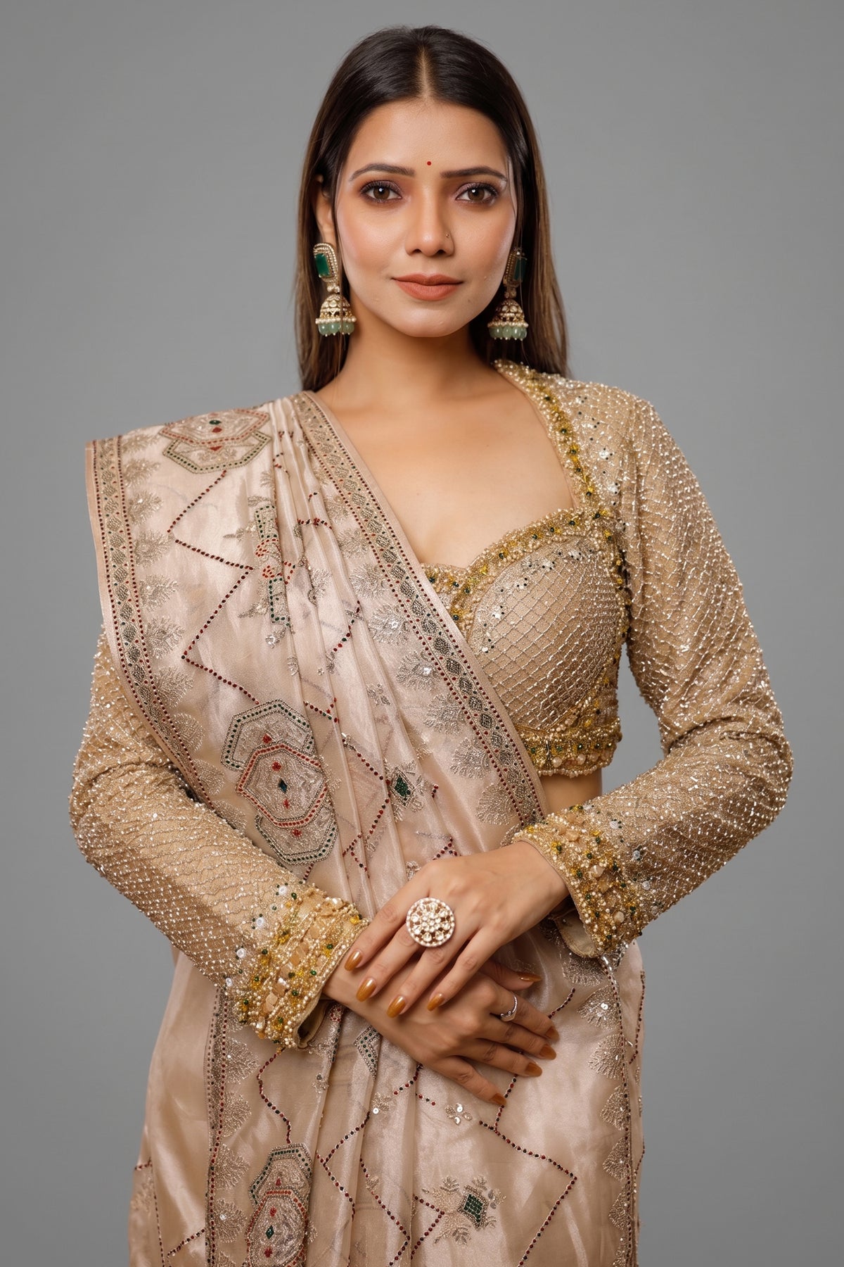 Light Beige Tissue Designer Handworked Saree
