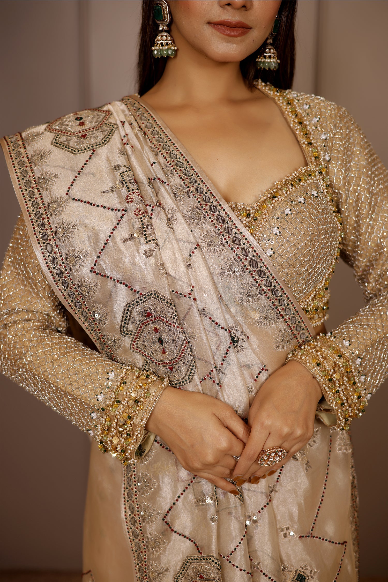 Light Beige Tissue Designer Handworked Saree