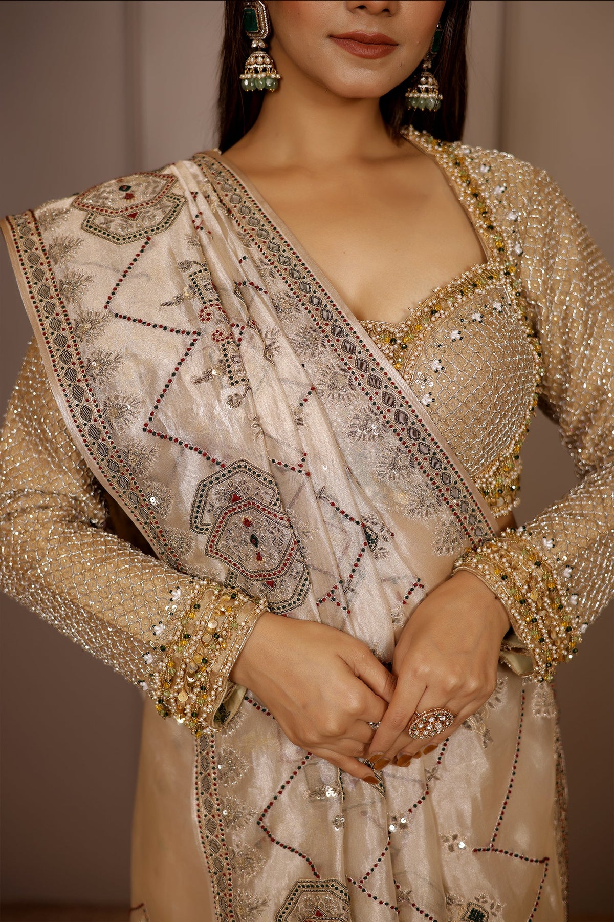 Light Beige Tissue Designer Handworked Saree