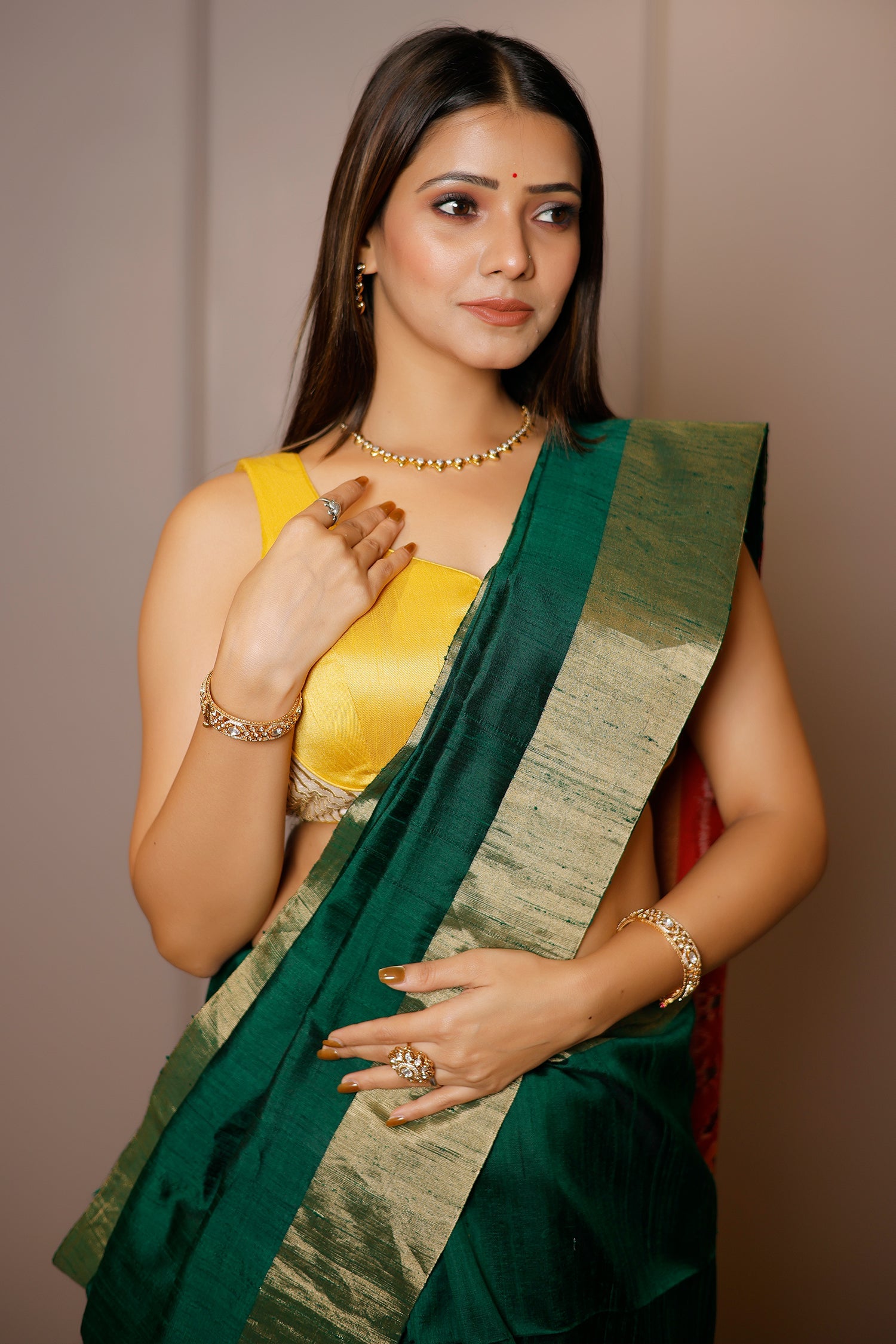 Bottle Green Raw Silk Plain Saree with Contrast Patola Pallu
