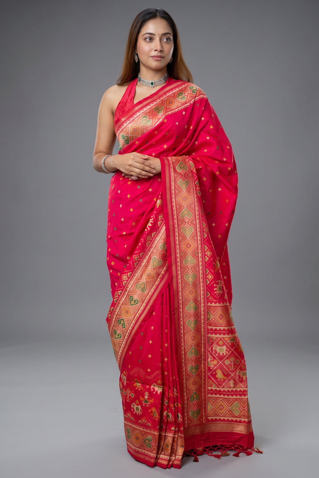 Pink Banarasi Semi Silk Woven Saree with Patola Border and Pallu