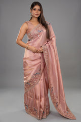 Pink Tissue Resham Embroidered and Diamond Worked Saree
