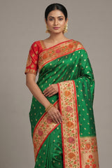 Green Silk Traditional Paisley Woven Saree with Contrast Border and Pallu