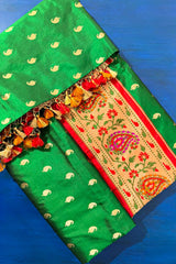 Green Silk Traditional Paisley Woven Saree with Contrast Border and Pallu