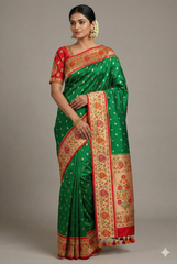 Green Silk Traditional Paisley Woven Saree with Contrast Border and Pallu