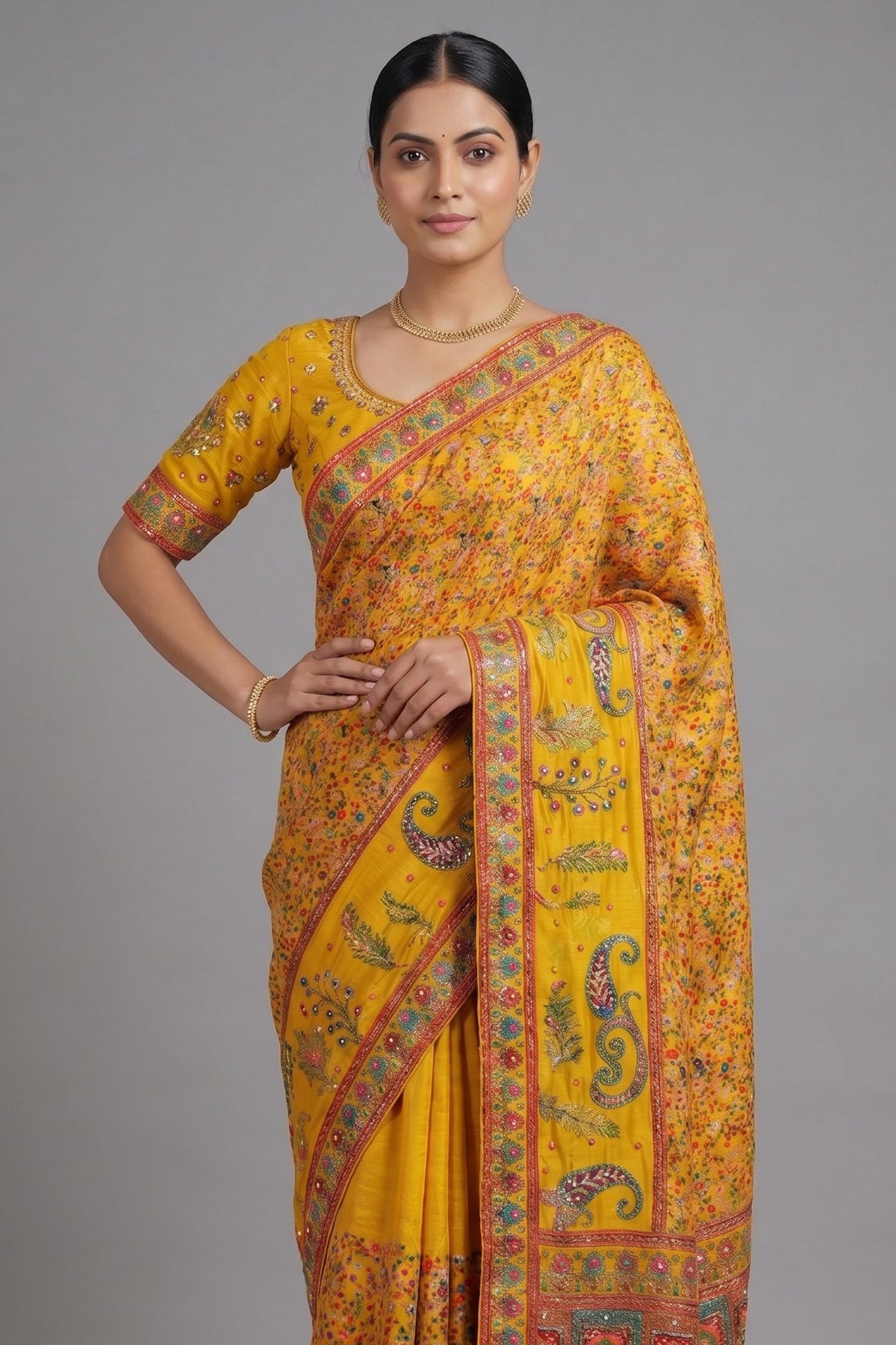 Yellow Dola Silk Pashmina Printed Saree with Sequin Cutdana Work