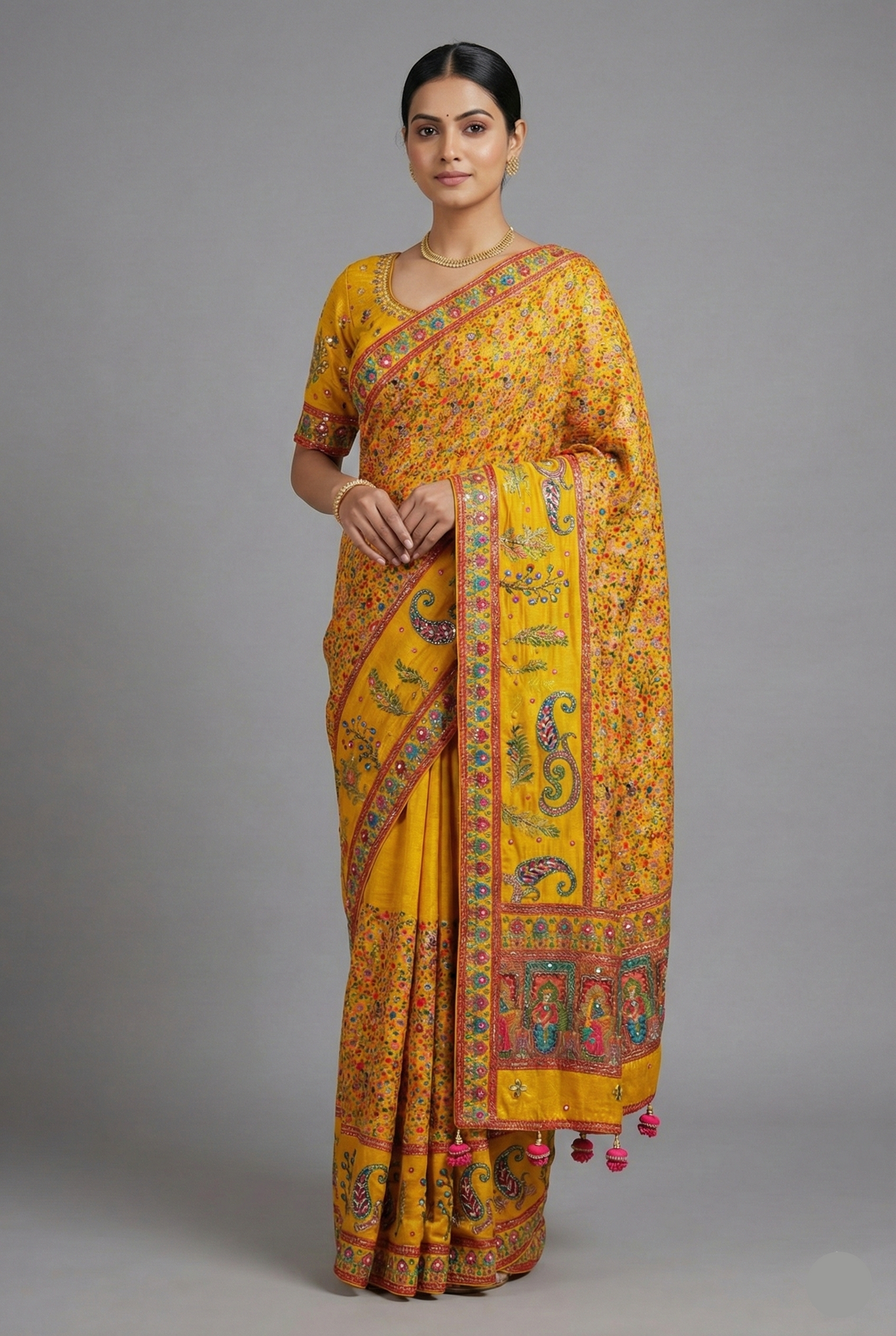 Yellow Dola Silk Pashmina Printed Saree with Sequin Cutdana Work