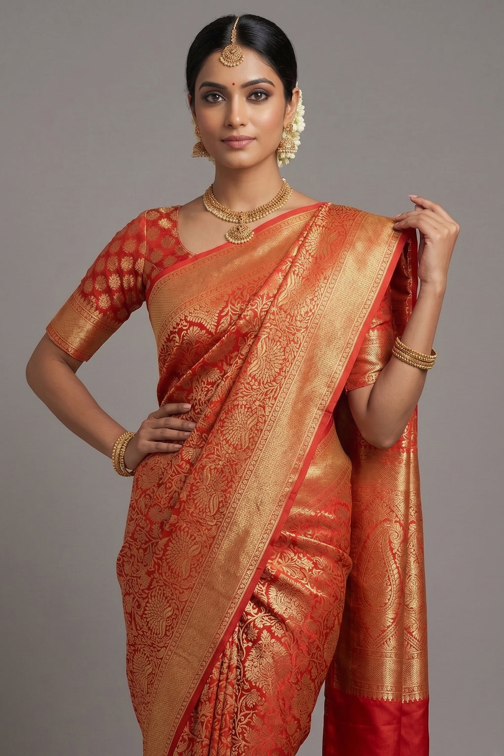 Rust Orange Kanchipuram Tissue Silk Traditional Woven Saree with Pink Hightlight
