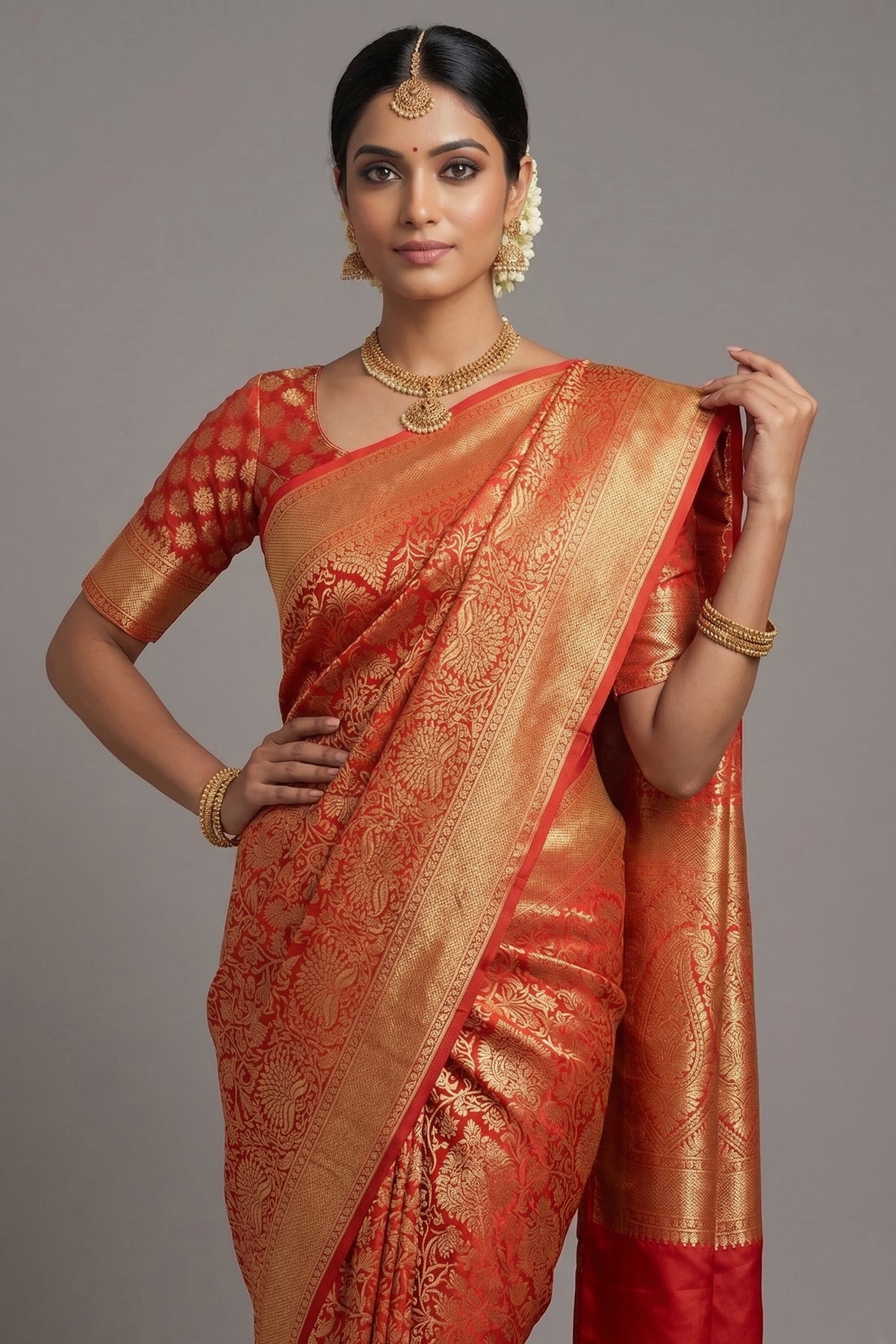 Rust Orange Kanchipuram Tissue Silk Traditional Woven Saree with Pink Hightlight