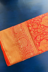 Rust Orange Kanchipuram Tissue Silk Traditional Woven Saree with Pink Hightlight