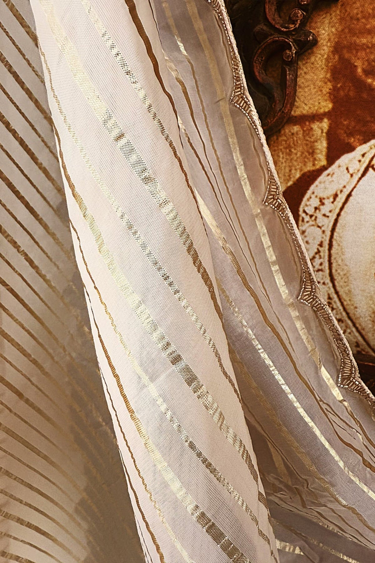 Cream Soft Organza Silk Weaving Stripe Saree with Poncho Blouse and Cutdana Work Scallop Border