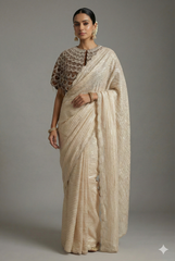 Cream Soft Organza Silk Weaving Stripe Saree with Poncho Blouse and Cutdana Work Scallop Border