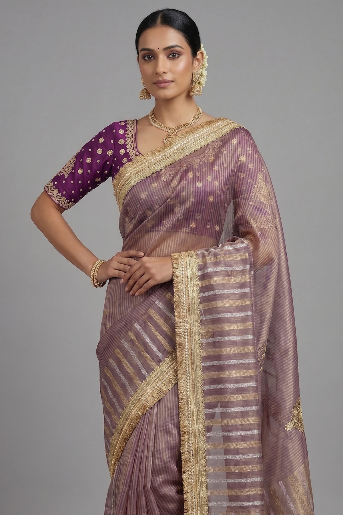 Purple Tissue Woven Saree with Lace Work