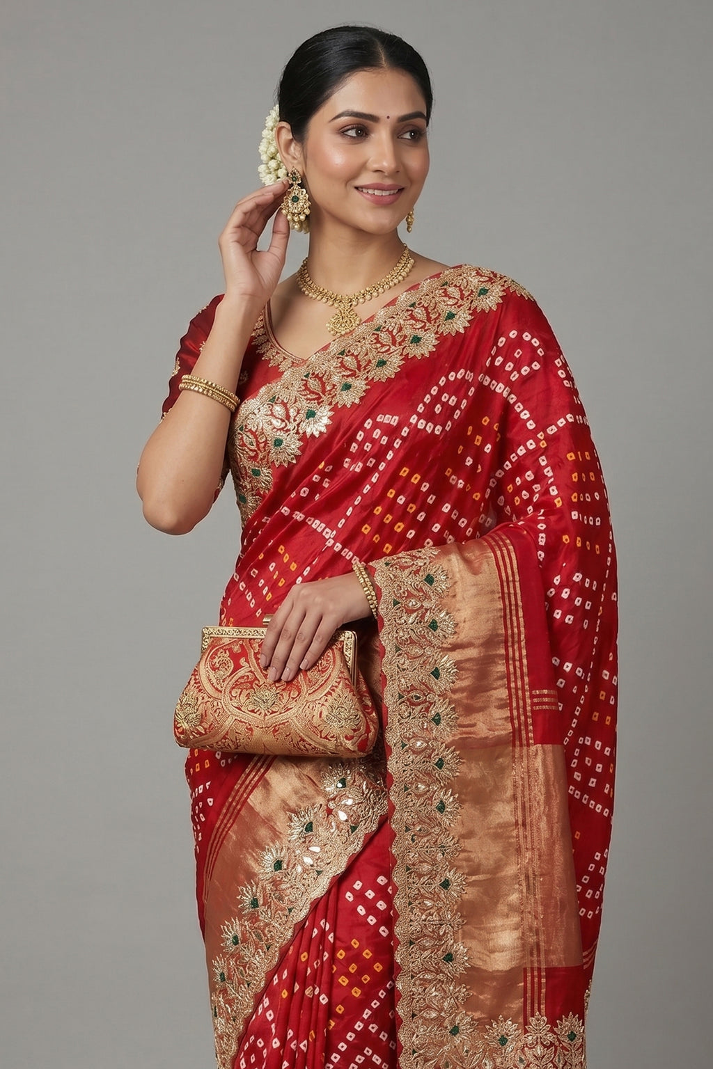 Maroon Cotton Silk Bandhej Saree with Embroidered Border