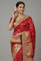 Maroon Cotton Silk Bandhej Saree with Embroidered Border