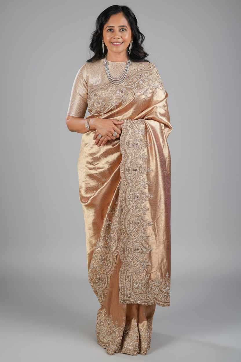 Golden Tissue Designer Saree with Handworked Scallop Border