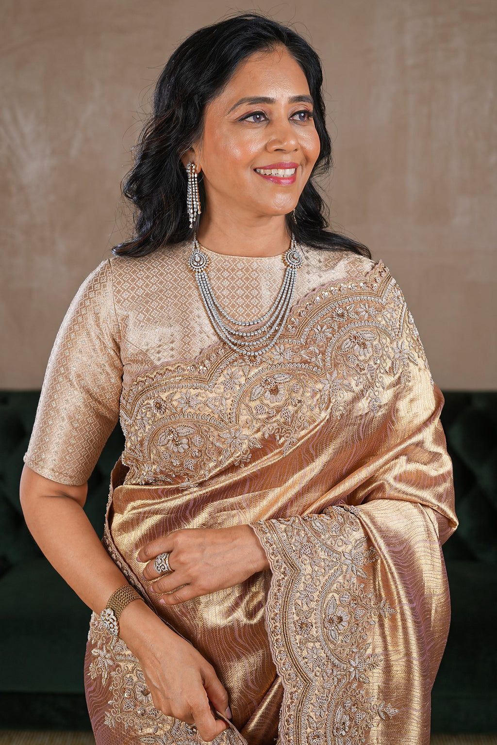 Golden Tissue Designer Saree with Handworked Scallop Border