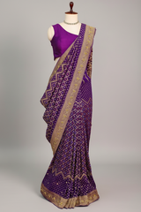 Purple Georgette Traditional Bandhej Saree with Cutdana and Bead Work