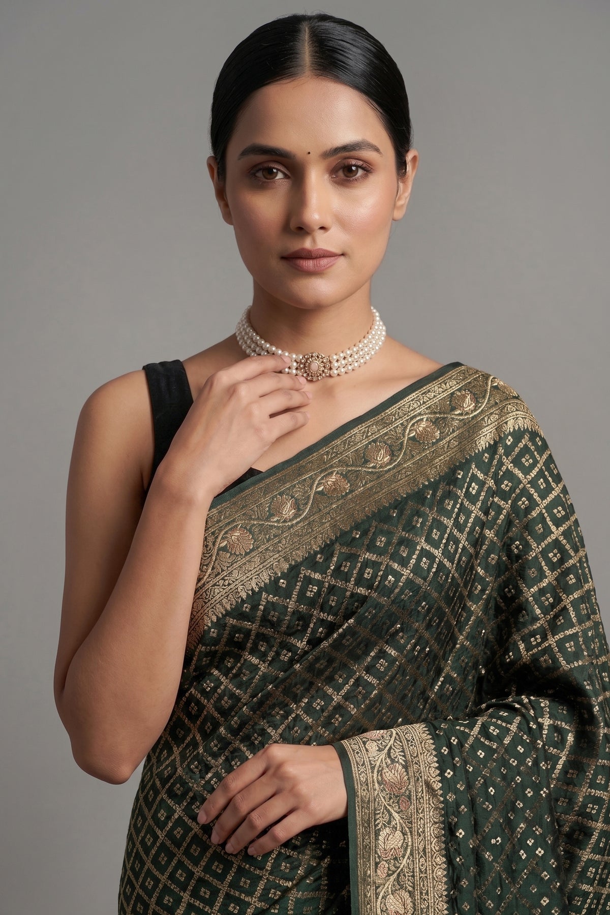 Green Georgette Traditional Bandhej Saree with Cutdana and Bead Work