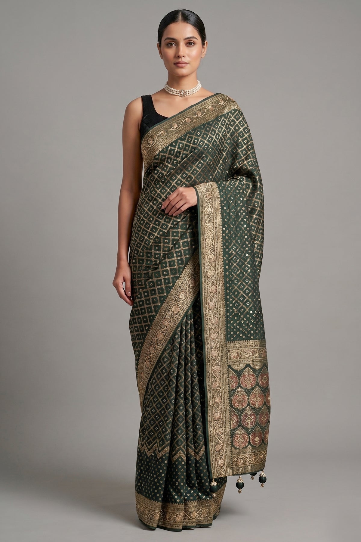 Green Georgette Traditional Bandhej Saree with Cutdana and Bead Work
