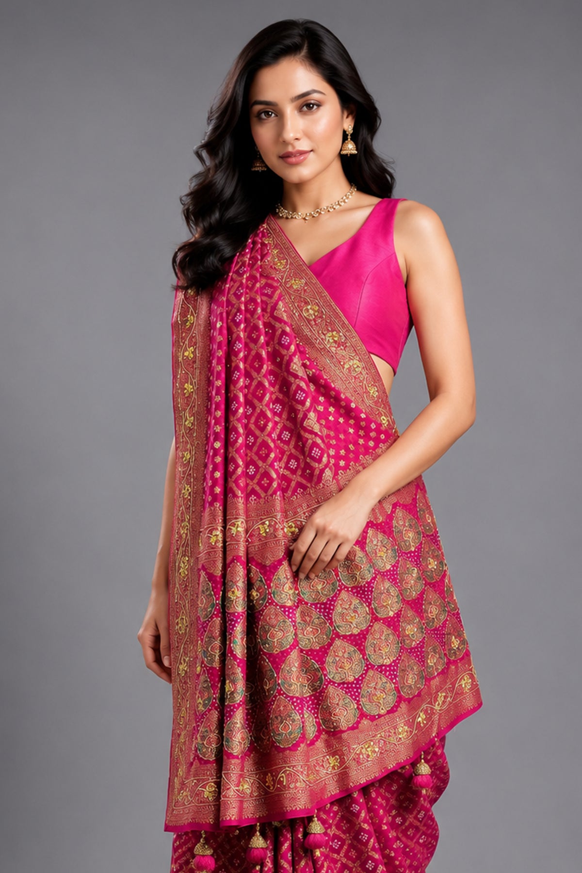 Pink Georgette Traditional Bandhej Saree with Cutdana and Bead Work