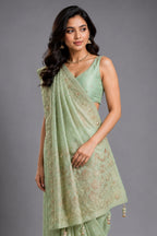 Pista Green Georgette Traditional Bandhej Saree with Cutdana and Bead Work