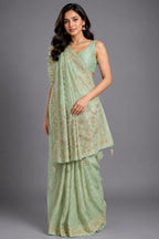 Pista Green Georgette Traditional Bandhej Saree with Cutdana and Bead Work