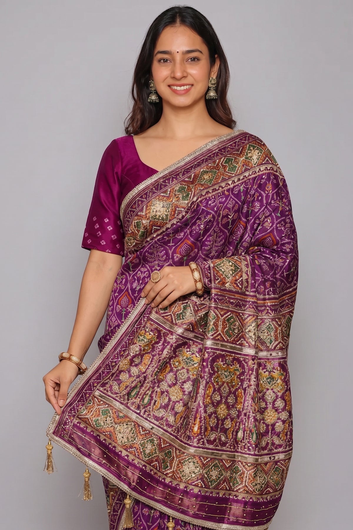 Purple Silk Traditional Woven Patola Saree with Cutdana and Beads Work