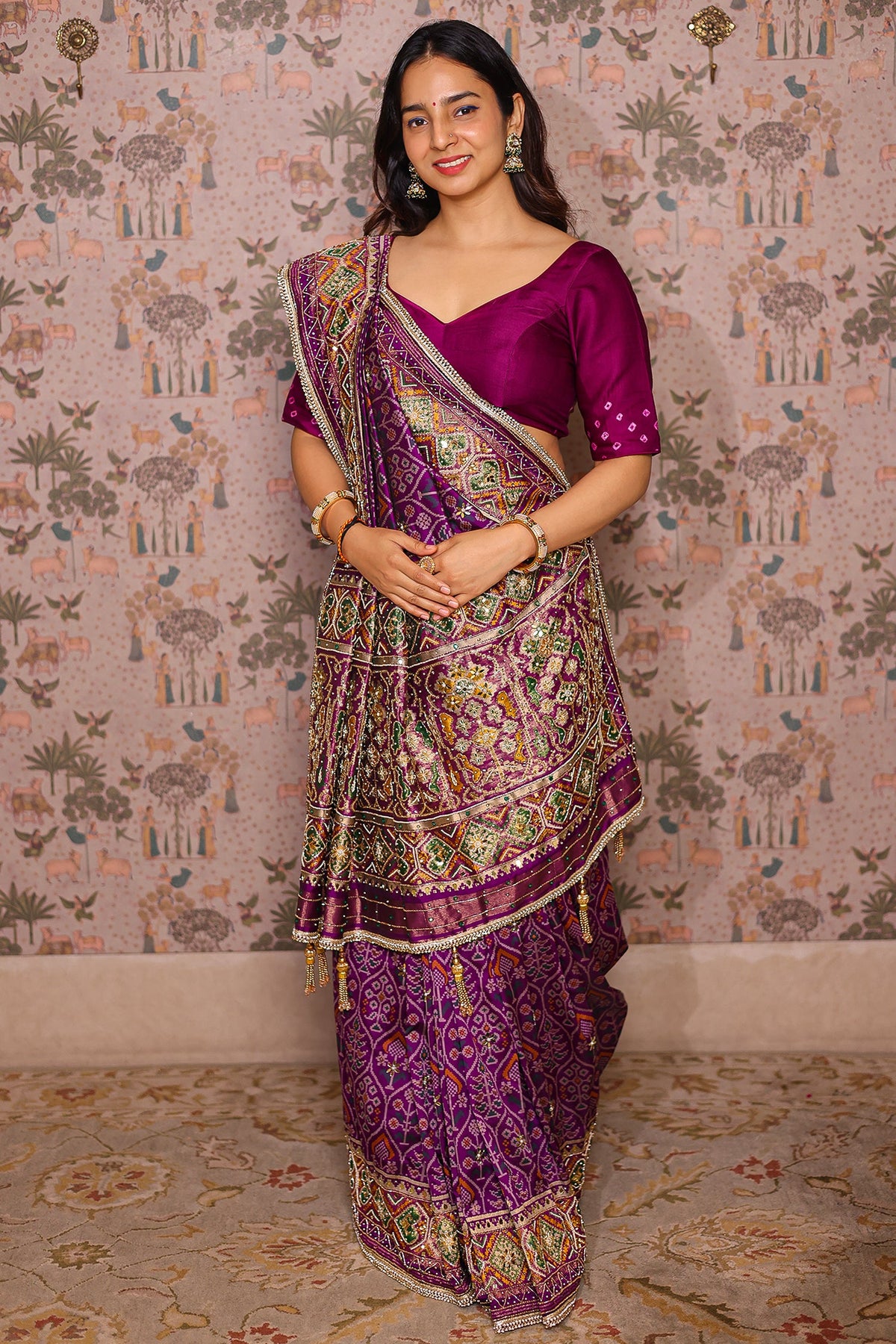 Purple Silk Traditional Woven Patola Saree with Cutdana and Beads Work