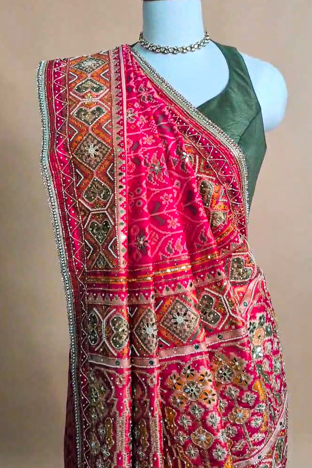 Pink Silk Traditional Woven Patola Saree with Cutdana and Beads Work