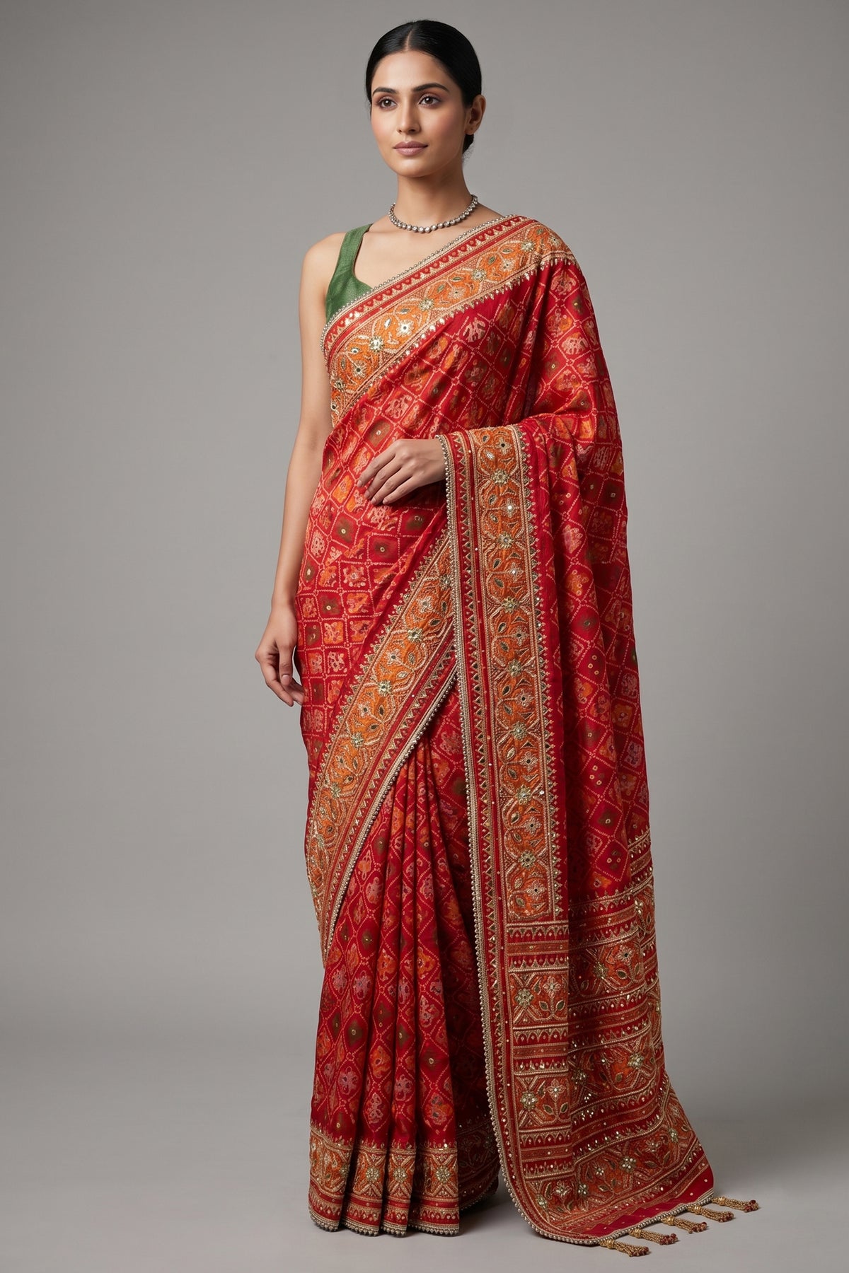 Red Silk Traditional Woven Patola Saree with Cutdana and Beads Work