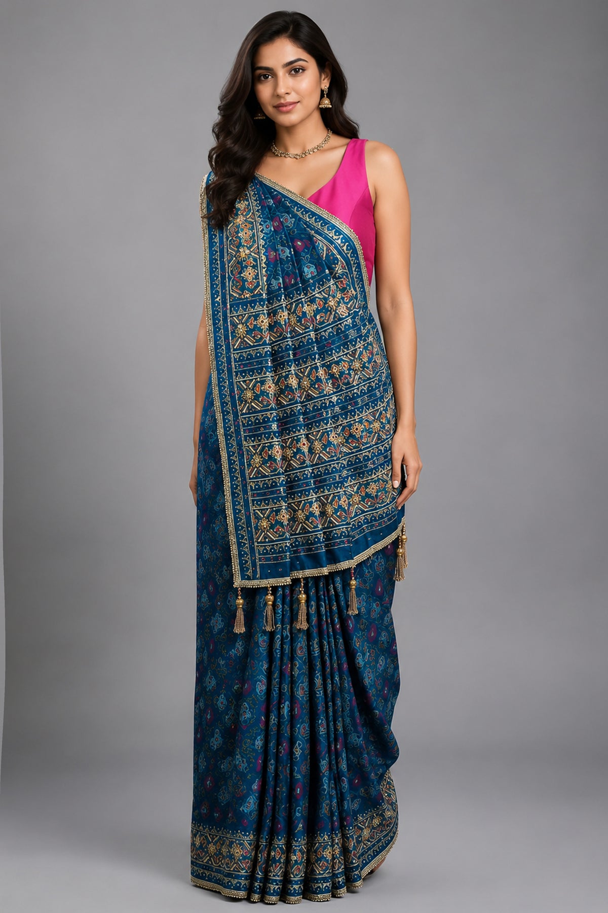 Sky Blue Silk Traditional Woven Patola Saree with Cutdana and Beads Work