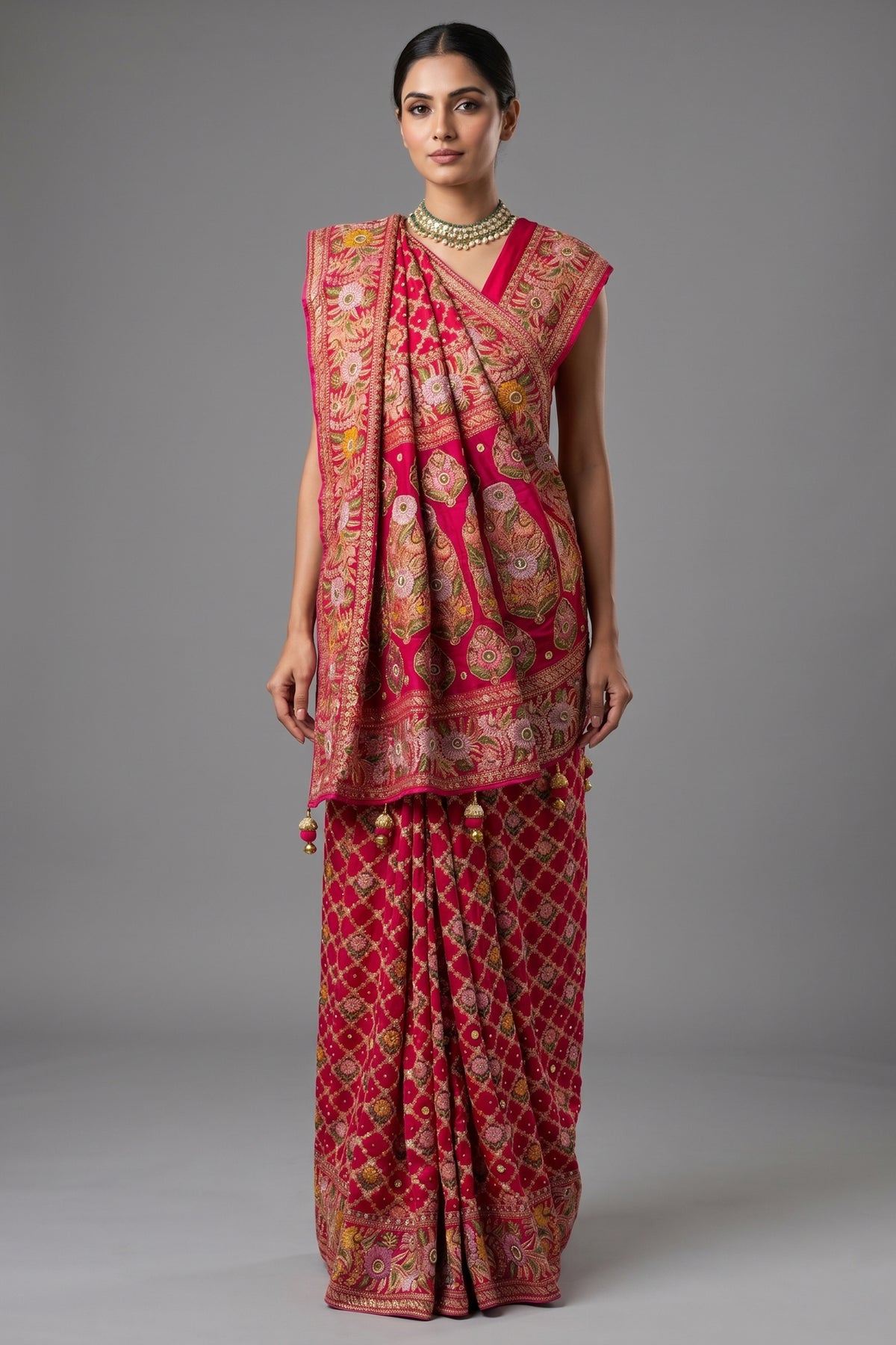 Pink Georgette Floral Woven Bandhej Saree with Cutdana