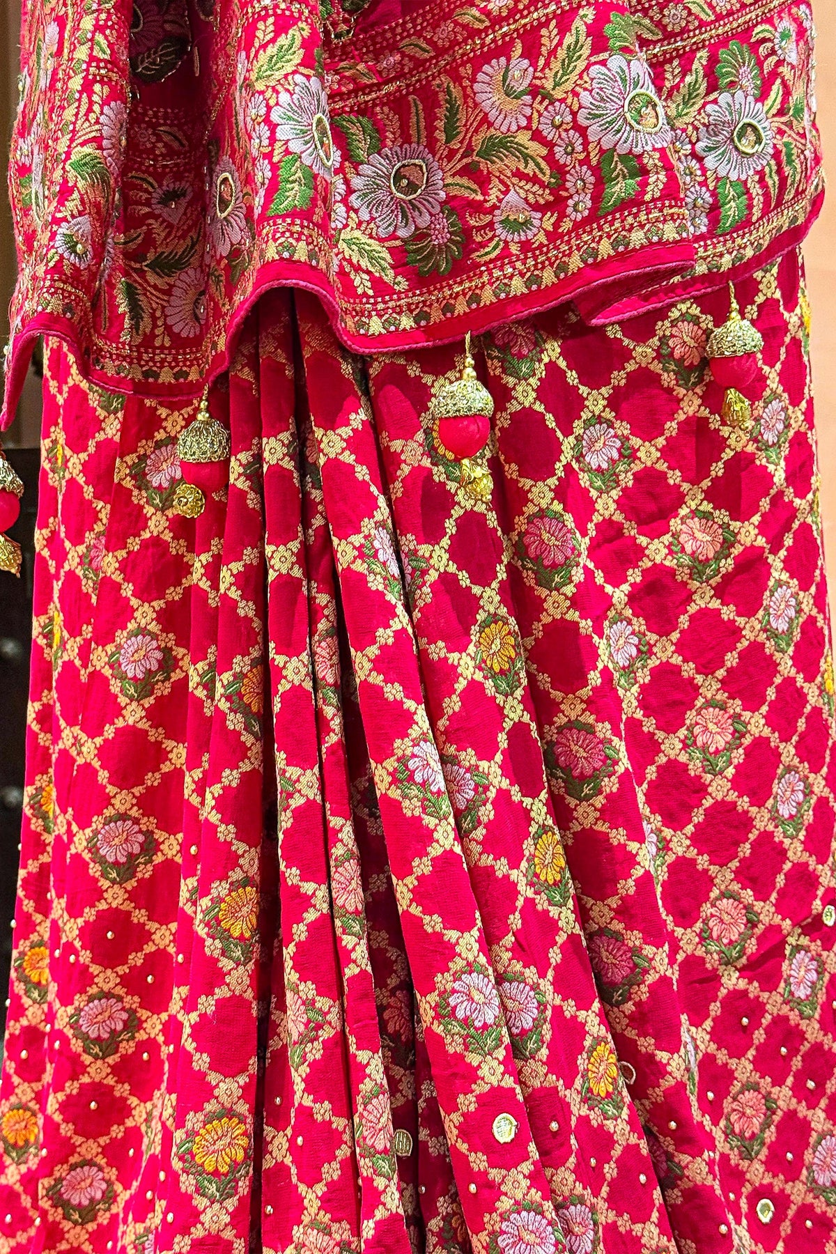 Pink Georgette Floral Woven Bandhej Saree with Cutdana
