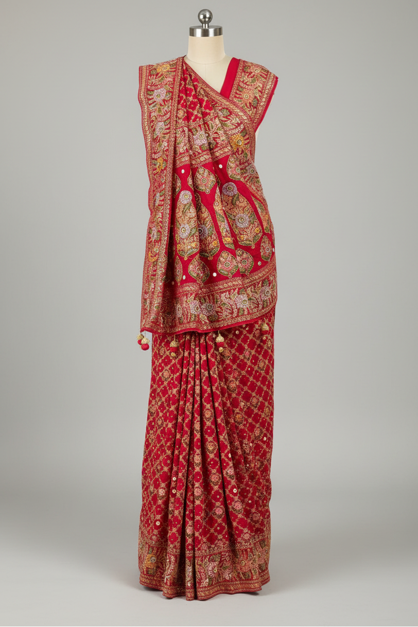 Pink Georgette Floral Woven Bandhej Saree with Cutdana