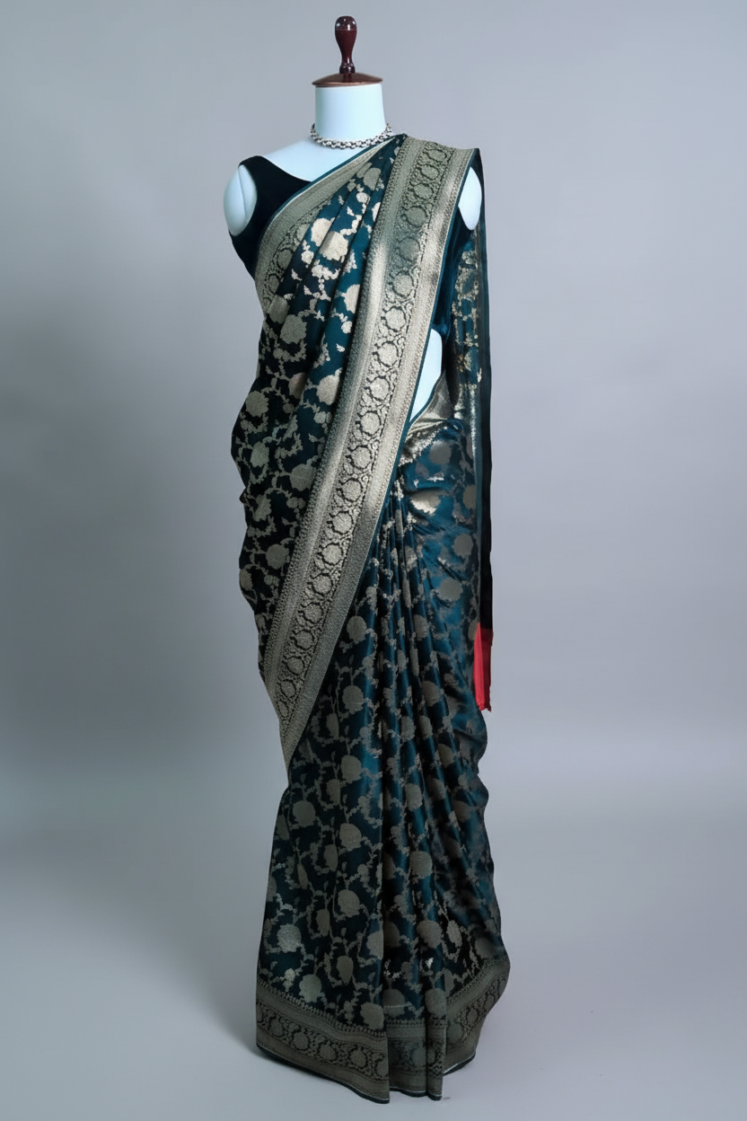 Dark Teal Green Dola Silk Woven Jaal Saree