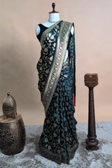 Dark Teal Green Dola Silk Woven Jaal Saree