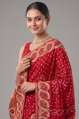 Red Dola Silk Bandhej Saree with Gota Work