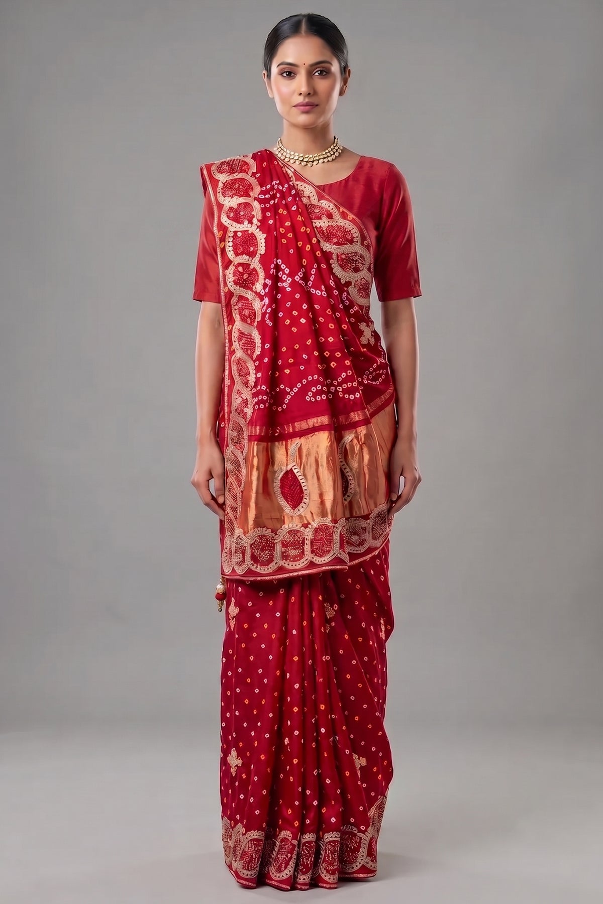 Red Dola Silk Bandhej Saree with Gota Work