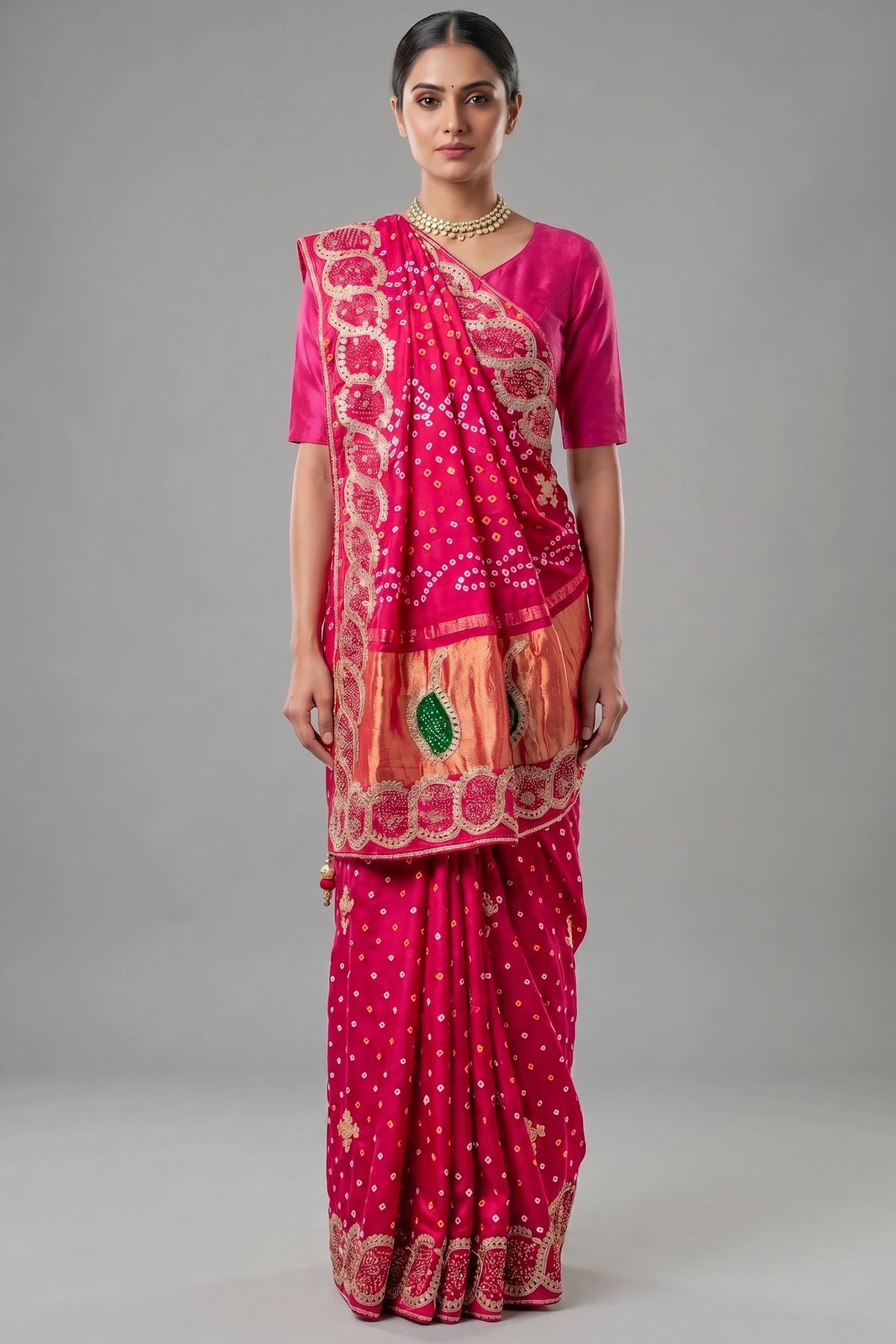 Pink Dola Silk Bandhej Saree with Gota Work
