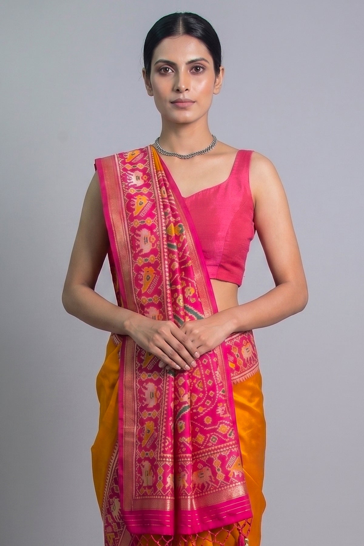 Orange Art Silk Saree with Patola Border and Contrast Pallu