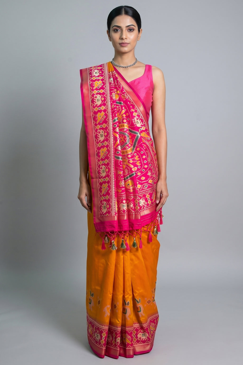 Orange Art Silk Saree with Patola Border and Contrast Pallu