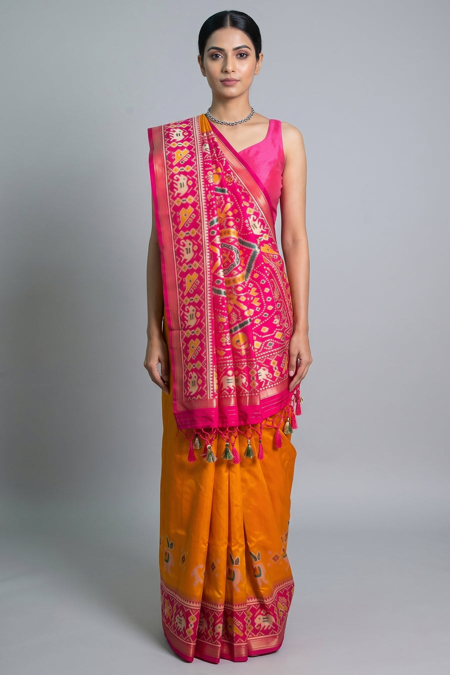 Orange Art Silk Saree with Patola Border and Contrast Pallu