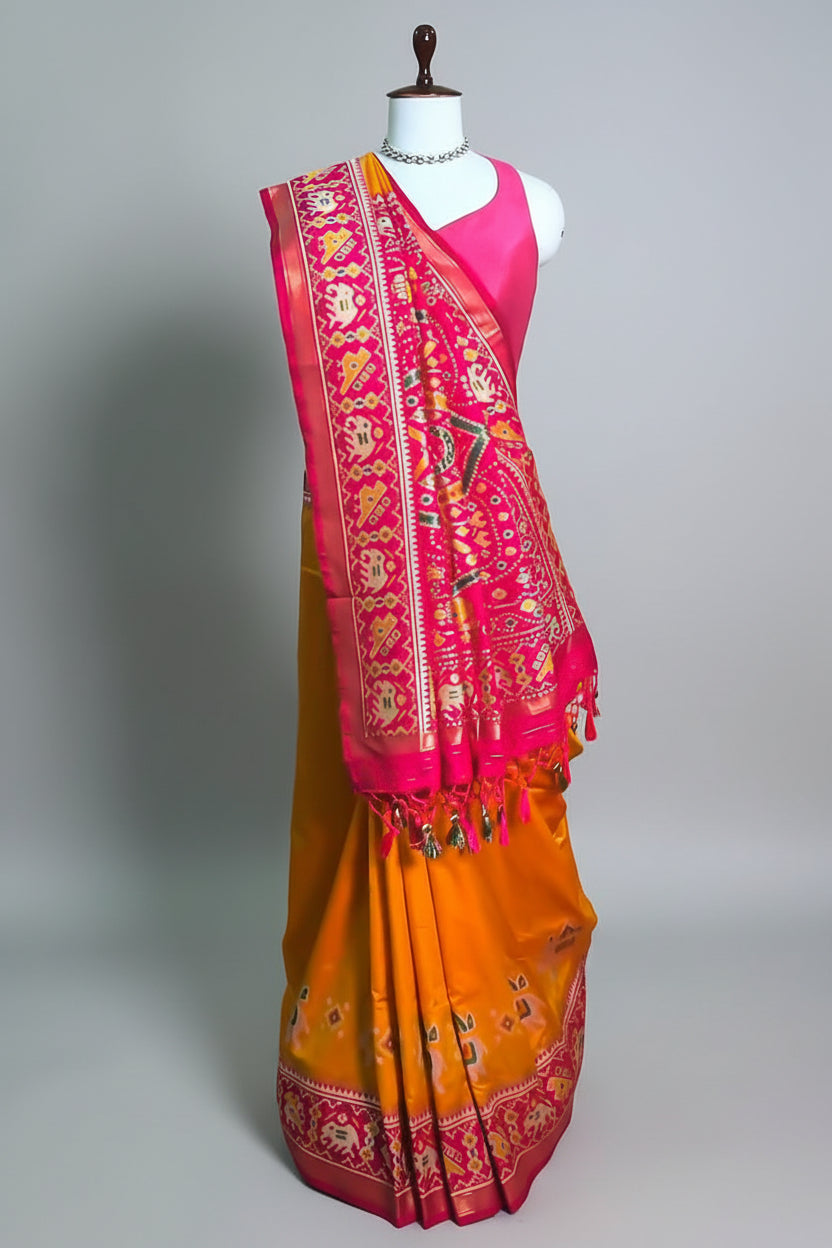 Orange Art Silk Saree with Patola Border and Contrast Pallu
