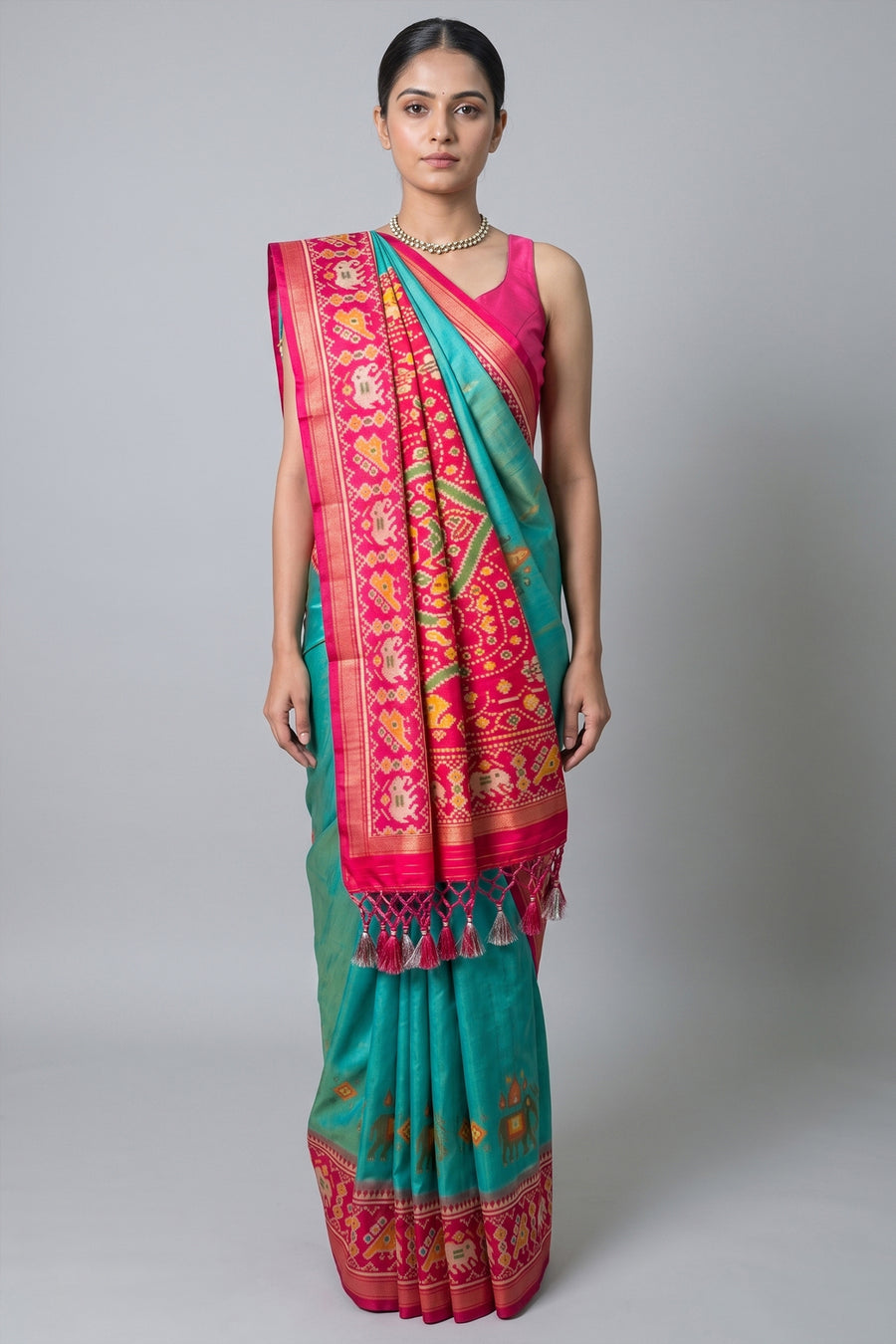 Sea Green Art Silk Saree with Patola Border and Contrast Pallu