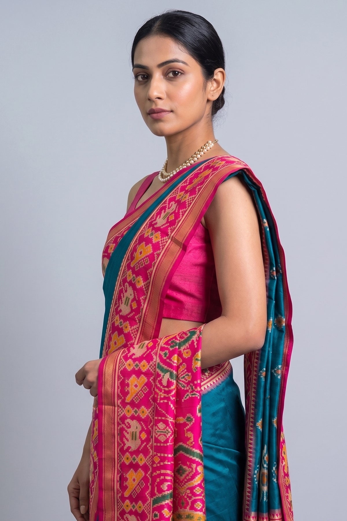 Rama Blue Art Silk Saree with Patola Border and Contrast Pallu